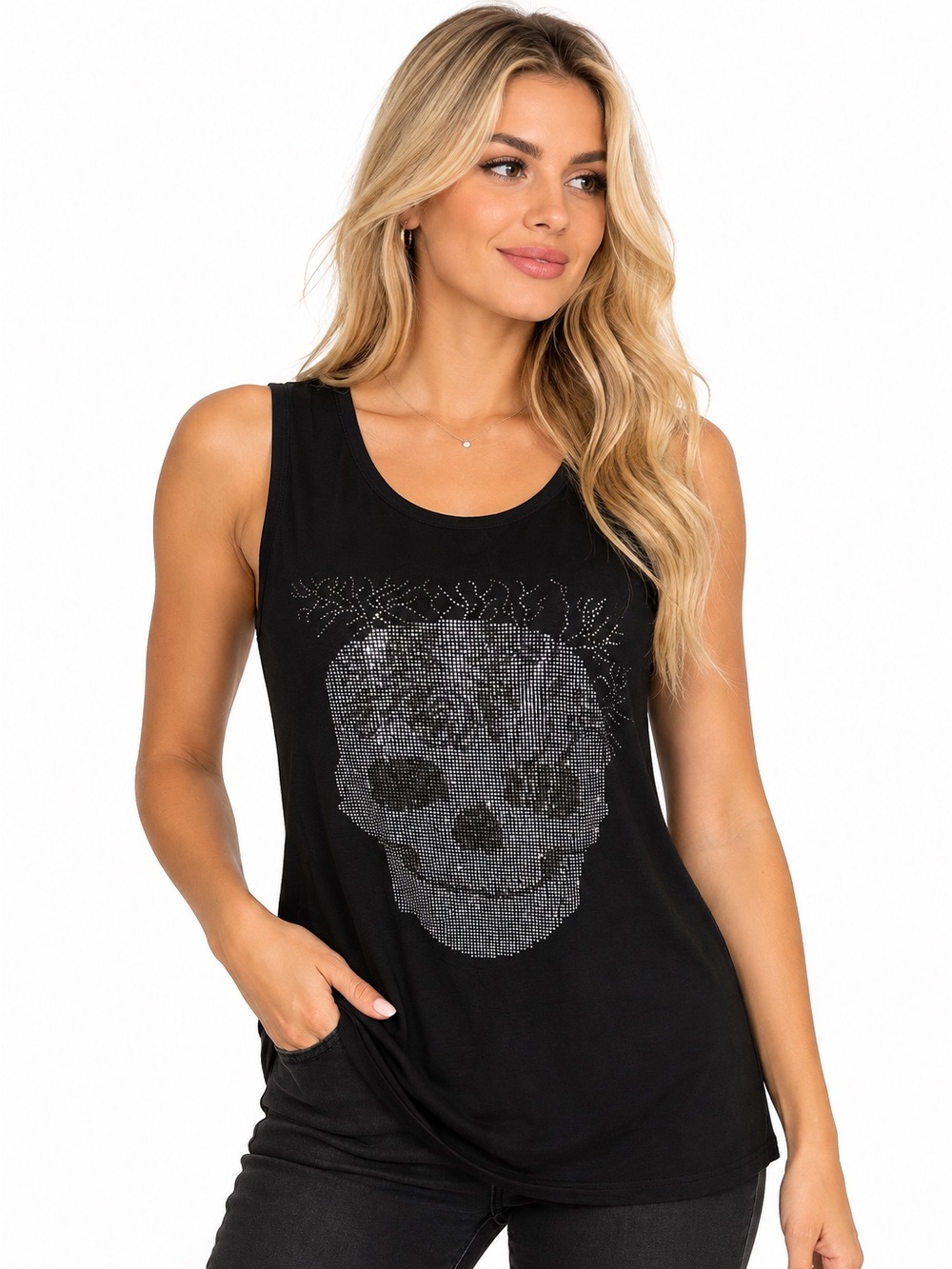 SHINY Rhinestone Skull Black Sleeveless Tank Top One Size NWT
